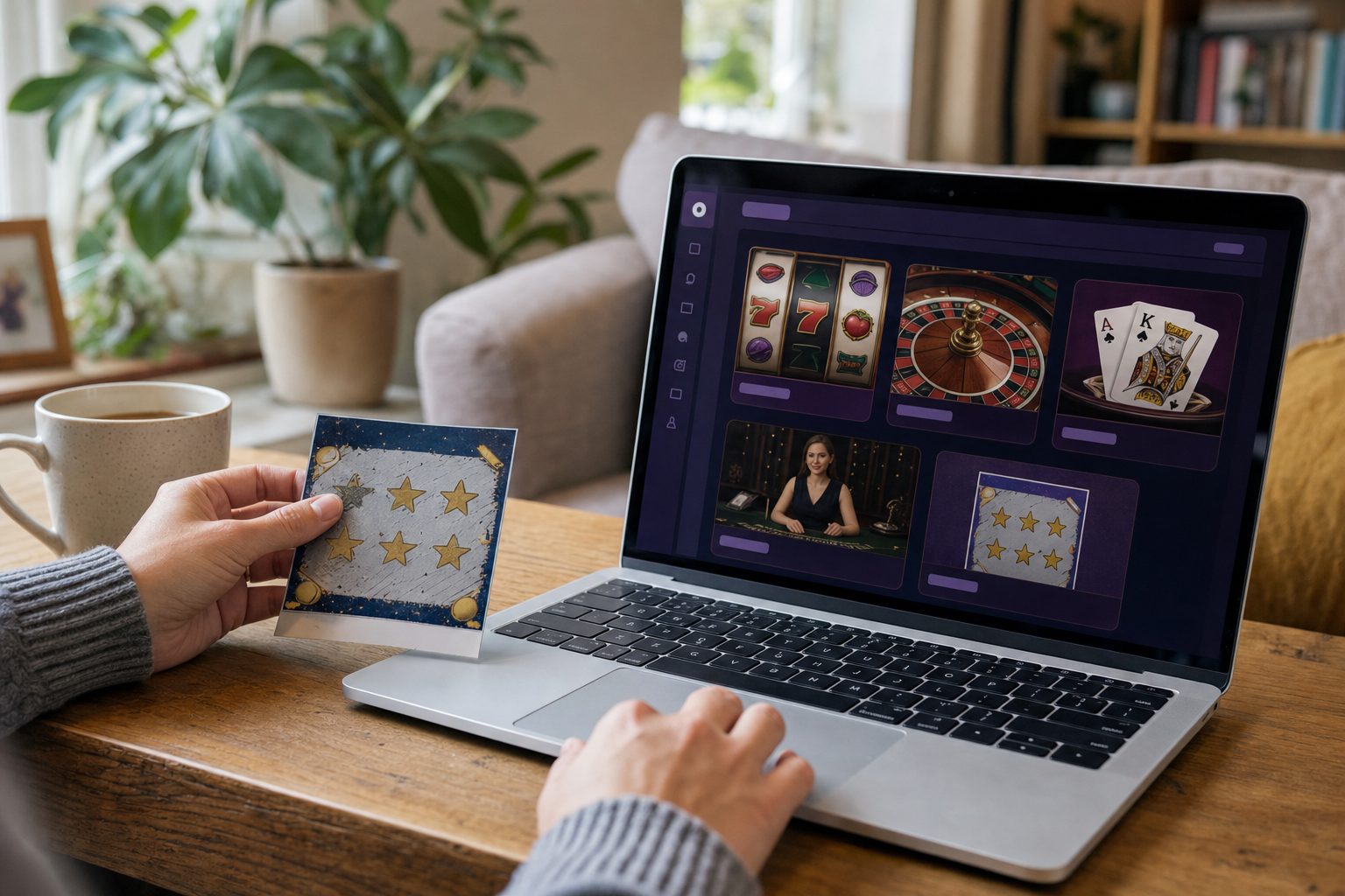 Illustrative scene of a partly scratched scratch card on a table beside a laptop showing a generic online casino lobby with slot, table and live game tiles